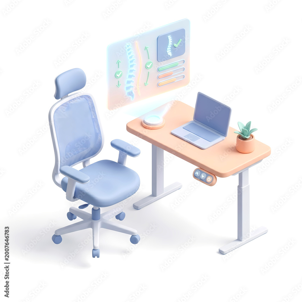 Fototapeta premium 3D Render Isometric Smart Ergonomics and Remote Workspace Health Concept