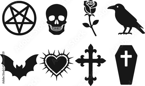 Quadro su tela halloween gothic symbols set with skull bat rose raven cross flat design vector