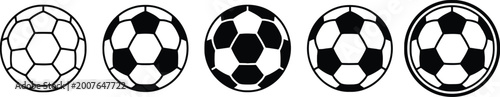 five black and white soccer balls in row flat design vector illustration