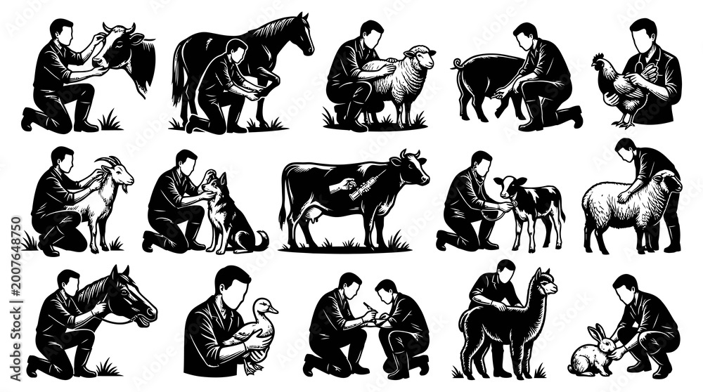 Fototapeta premium Farmer Caring for Farm Animals in Black and White Line Art Vector Illustration Set for Agriculture