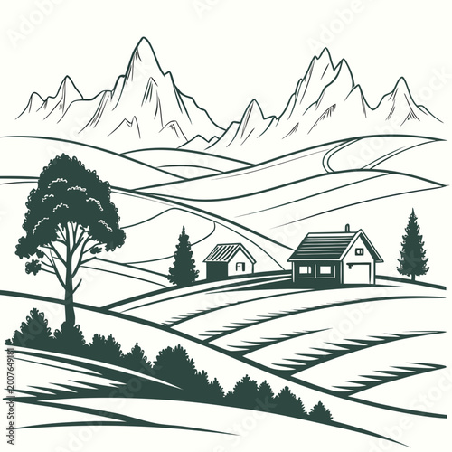 Tableau sur toile Vintage style black and white rural landscape illustration with houses