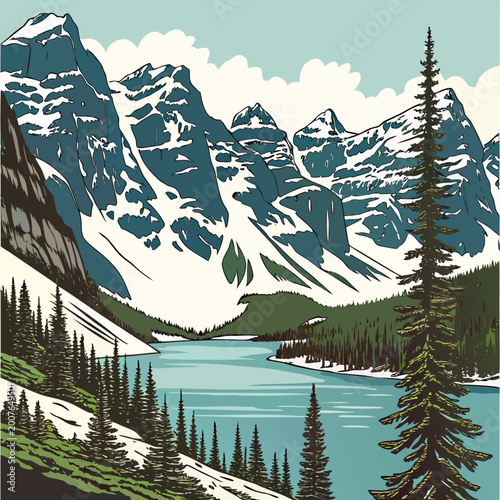 Photography Snow-capped mountains with alpine lake, pine forest and blue sky vector