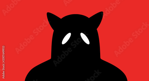 Minimalist Black Demon Silhouette with Glowing Eyes on Red Background
