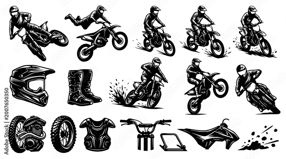 Obraz premium Black and White Vector Icons of Motocross Riders and Gear