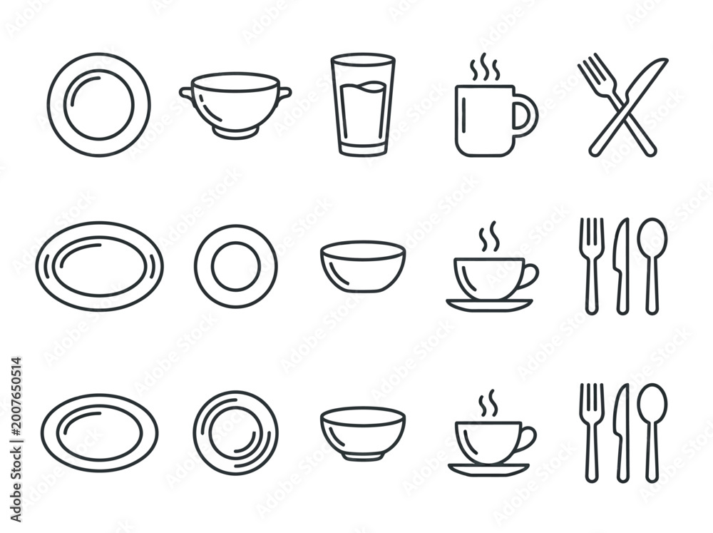 Obraz premium Set of simple outline vector icon illustrations representing tableware and dining utensils