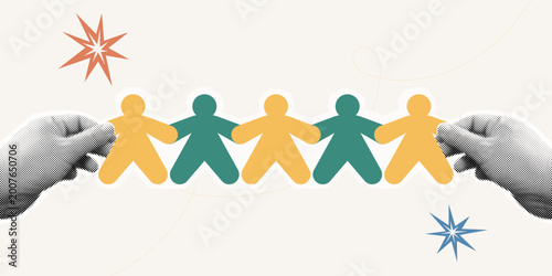 Trendy Halftone Collage of two halftone hands holding a chain of paper people, symbolizing community connection and unity, ideal for teamwork, social, and corporate culture content.