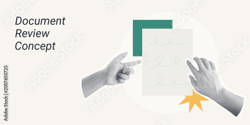 Trendy Halftone Collage of two halftone hands reviewing stacked documents with a star burst, symbolizing document review and approval, ideal for business and legal content.