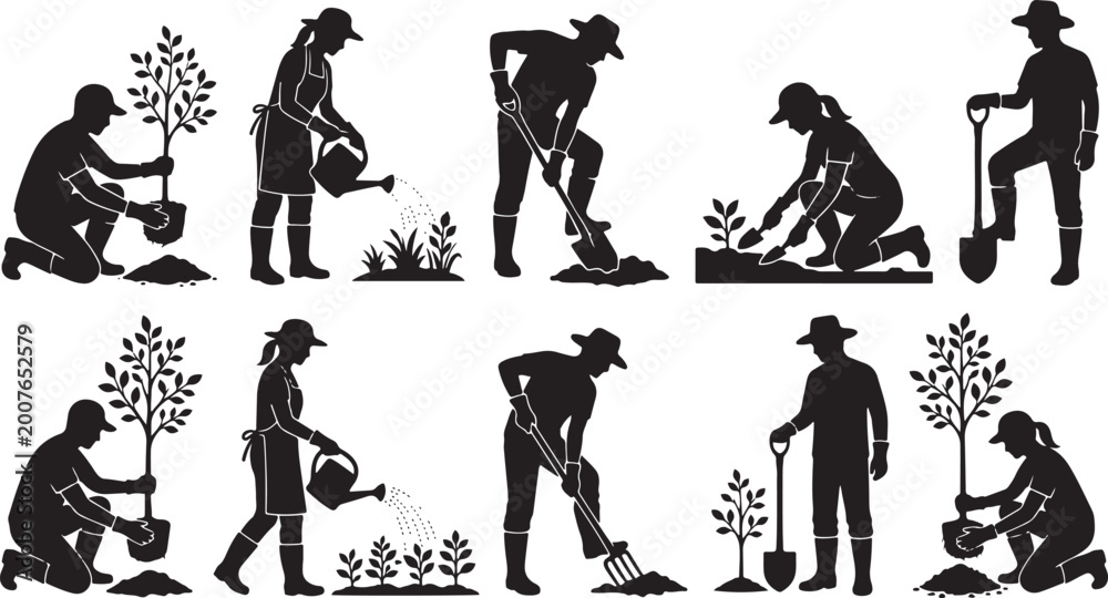 Fototapeta premium Gardening and farming people silhouette collection set, diverse gardeners planting trees watering plants and digging soil, agriculture work hobby icons, eco-friendly vector.