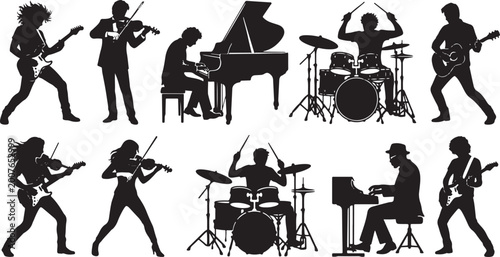 Fotografie Musical instrument players silhouette collection set, diverse musicians playing guitar piano drums and violin, live concert performance band icons, artistic music vector