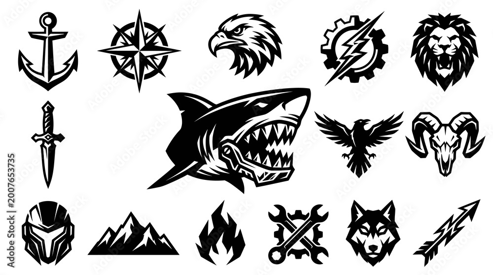 Fototapeta premium Black and White Vector Icons of Powerful Animals, Weapon, and Nautical Symbols for Emblem Design