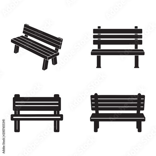 Collection of black bench silhouettes in different angles and positions for design and decoration  isolated on white background
