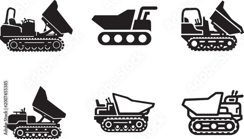 Fotografie Heavy duty tracked mini dumper icon set for construction and industrial equipment vector design