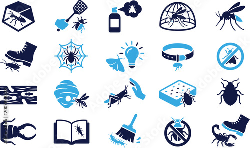 Canvas Print Pest control icons collection featuring insects and eradication tools in blue and navy
