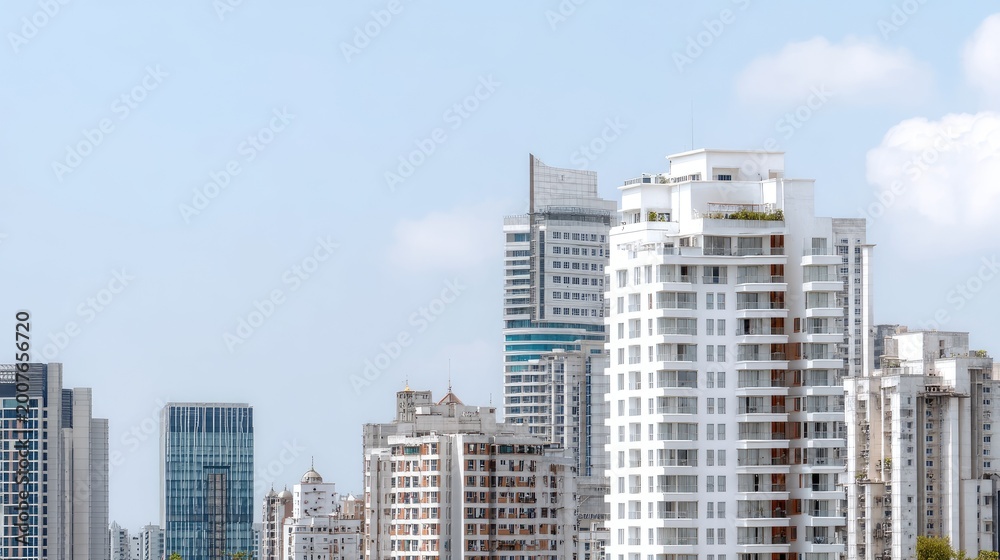 Fototapeta premium Modern Urban Skyline with Diverse Architectures Against Clear Blue Sky in City Setting