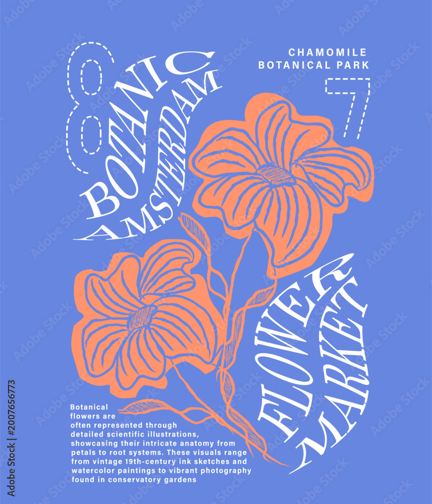 Naklejka premium Flowers Vector illustration. Botanical Flowers Typography. girl's women's tee shirt design. brush stock line art graphics. text lettering wording. 