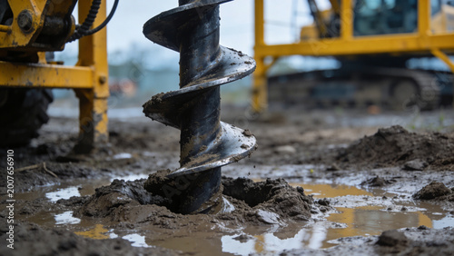 Industrial Auger Drill Bit Penetrating Muddy Ground at Construction Site, Heavy Machinery Excavation Equipment in Wet Soil, Geotechnical Engineering and Foundation Work Background