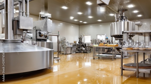 Modern Commercial Kitchen Interior with Stainless Steel Equipment and Bright Lighting