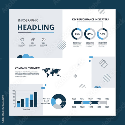 Infographic template with various data visualization elements.