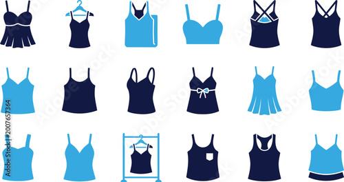 Schilderij op canvas Set of women's tops icons in blue and navy colors, including camisoles, tank tops and bras, fashion apparel