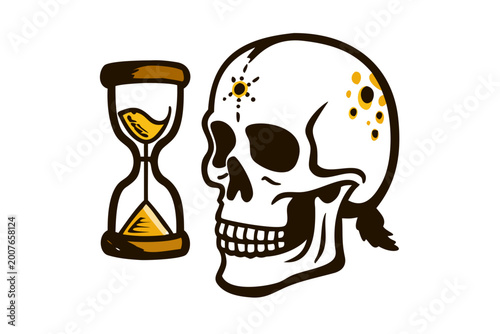 Skull with hourglass design in colorful illustration style  