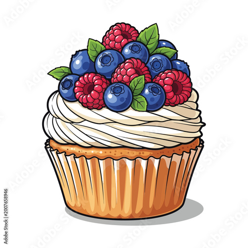 Delicious Berry Cupcake Illustration with Cream Frosting