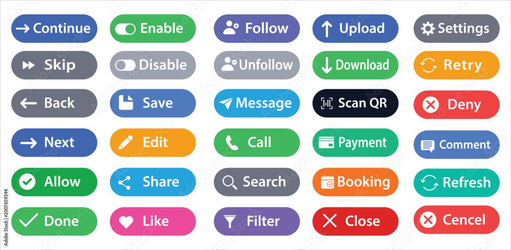 Fototapeta premium Modern flat ui action button set illustration Vector, illustration