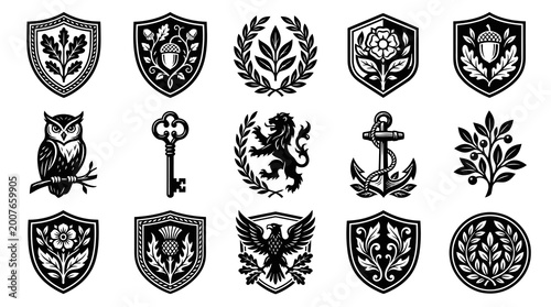 Black and White Heraldic Emblems: Owls, Keys, Anchors, Animals, Shields, Botanicals
