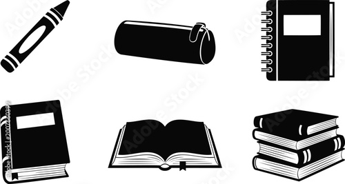 School supplies and books vector silhouette illustration set for education line art design.