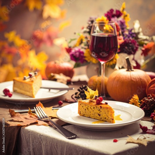 Thanksgiving table with pie, wine, pumpkins, and flowers