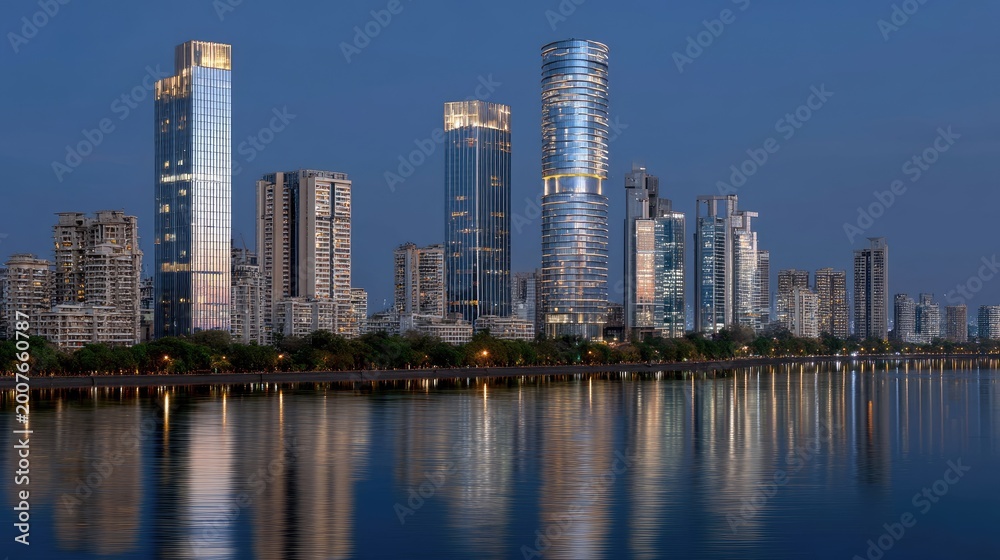 Obraz premium Stunning Cityscape Reflection at Twilight Over Calm Water During Night in Urban Environment