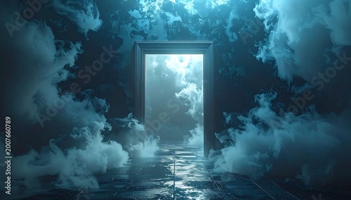 A dark room with an open door leading to a bright cloudy sky