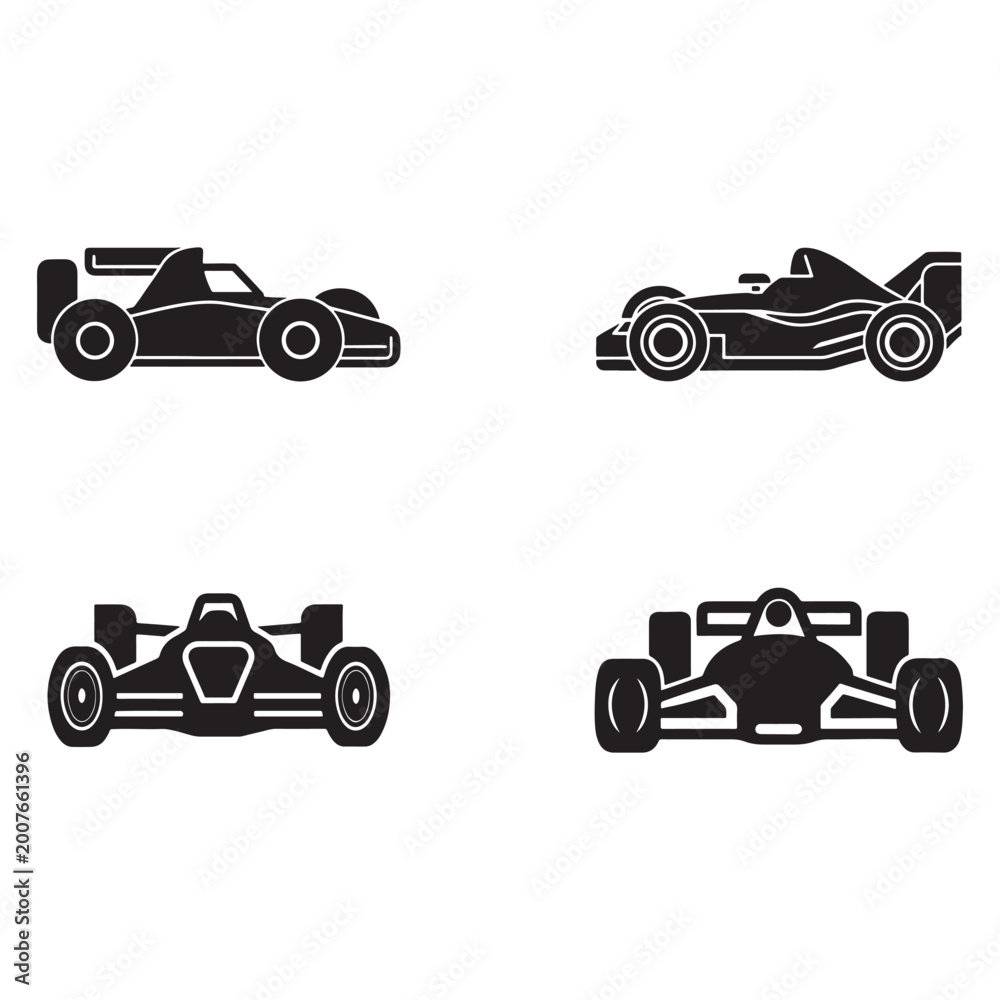 Fototapeta premium Four black race cars in different angles on white background racing vehicles speed fast cars