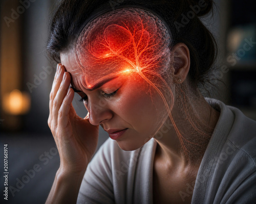 Woman Suffering from Severe Migraine, Headache and Neurological Pain with Brain Inflammation Visualization