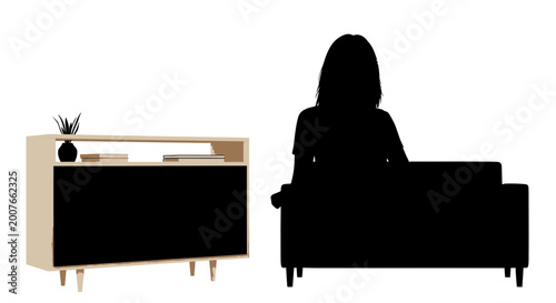 Woman Silhouette Sitting on Sofa Beside Modern Cabinet