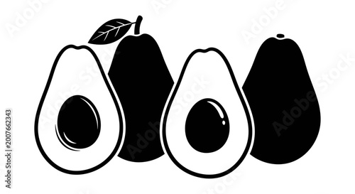 Avocado fruit vector icons and halves silhouettes