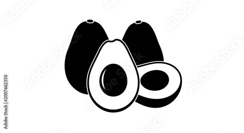 Black and white avocado vector illustration with whole and half fruit