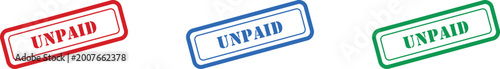 Fotografía Three colorful rectangular rubber stamps featuring the word UNPAID in red, blue,