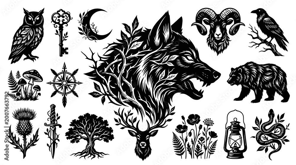 Fototapeta premium Black and White Mystical Nature Elements: Owl, Wolf, Deer, Bear, Snake, Plants