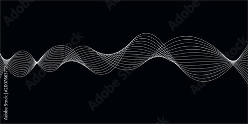 White abstract wave lines on black background. Modern flowing wireframe design, digital soundwave or frequency signal illustration. Minimalist technological aesthetic.