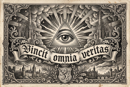 Vincit Omnia Veritas gothic phrase, Vintage illustration of an eye symbol with rays and Latin text  