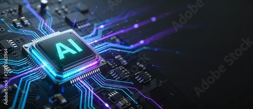 A close-up view of a microchip with AI on a circuit board with glowing blue and purple lines.
