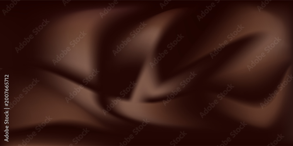 Fototapeta premium Chocolate wavy swirl background. Abstract satin chocolate waves, brown color flow. Vector