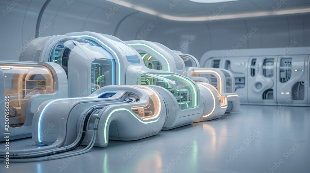 Fototapeta premium Advanced autonomous systems with illuminated circuits in a pristine, cutting-edge research facility, symbolizing innovation and future technology
