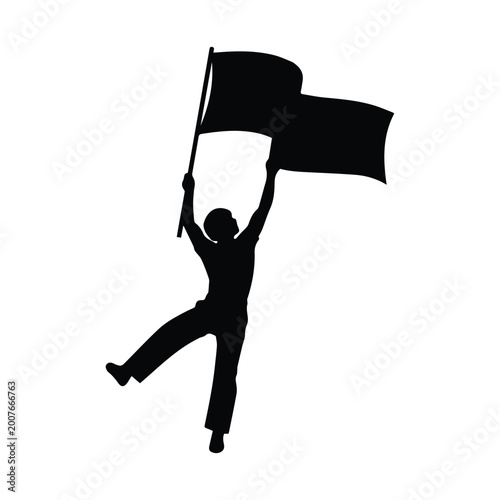 Fotografía Silhouette figure holding large waving flag aloft