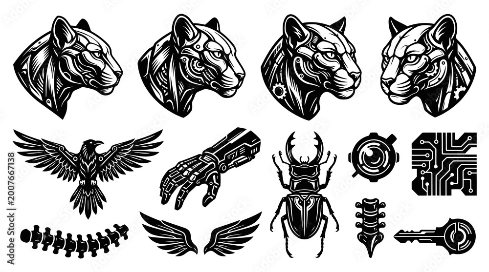 Fototapeta premium Cyberpunk Jaguar Heads, Raven, Bug, Hand, Circuit Board, Key, Wings, Spikes