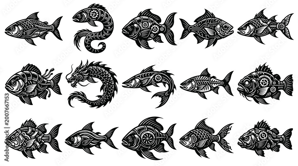 Obraz premium Steampunk Fish Vector Art: Mechanical Marine Life Illustrations