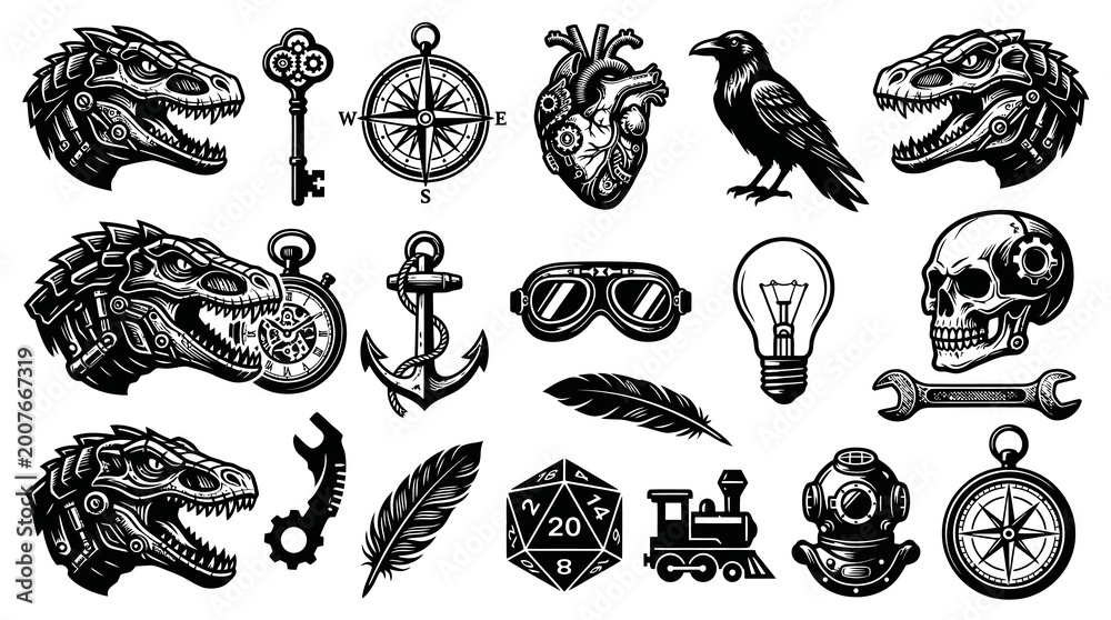 Fototapeta premium Steampunk and Fantasy Mechanical Objects Collection in Black White Engraving Style Vector Set
