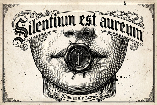 Silentium Est Aureum gothic phrase, Vintage illustration of a key and lips with Latin phrase  