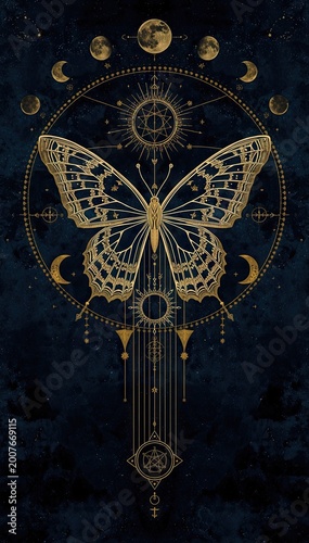 Intricate golden butterfly silhouette centered within mystical celestial symbols and moon phases on a dark textured background