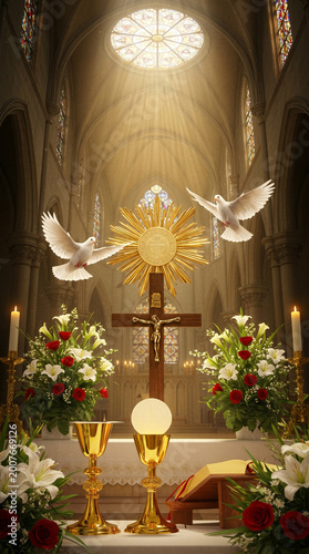 Illustration of an altar illuminated by a ray of light,  wooden crucifix depicting Jesus Christ, flowers, chalice, host, candles, doves symbolizing peace, interior church background. Corpus Christi